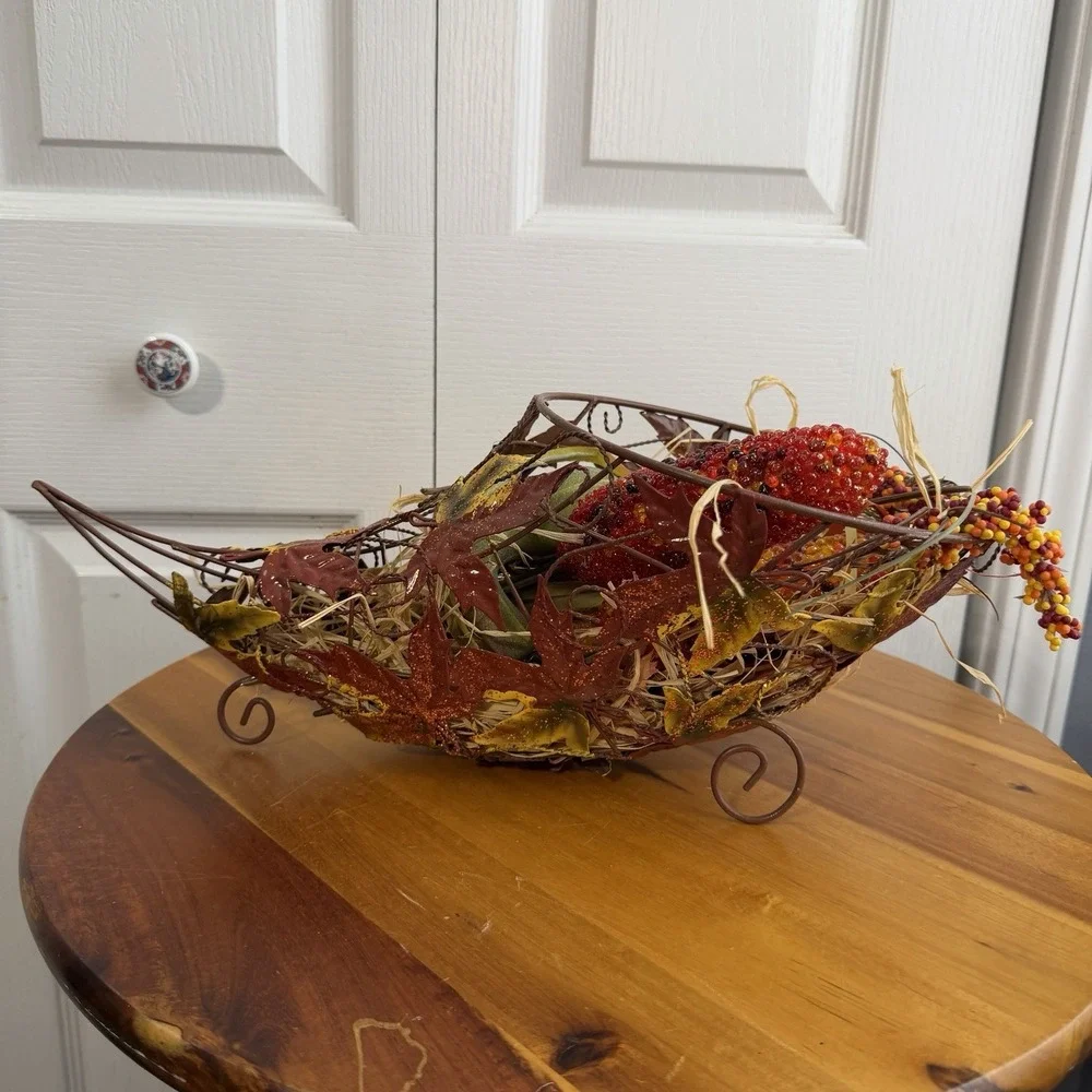 Metal Cornucopia With Faux Fruit Vegetable Thanksgiving Centerpiece Decor